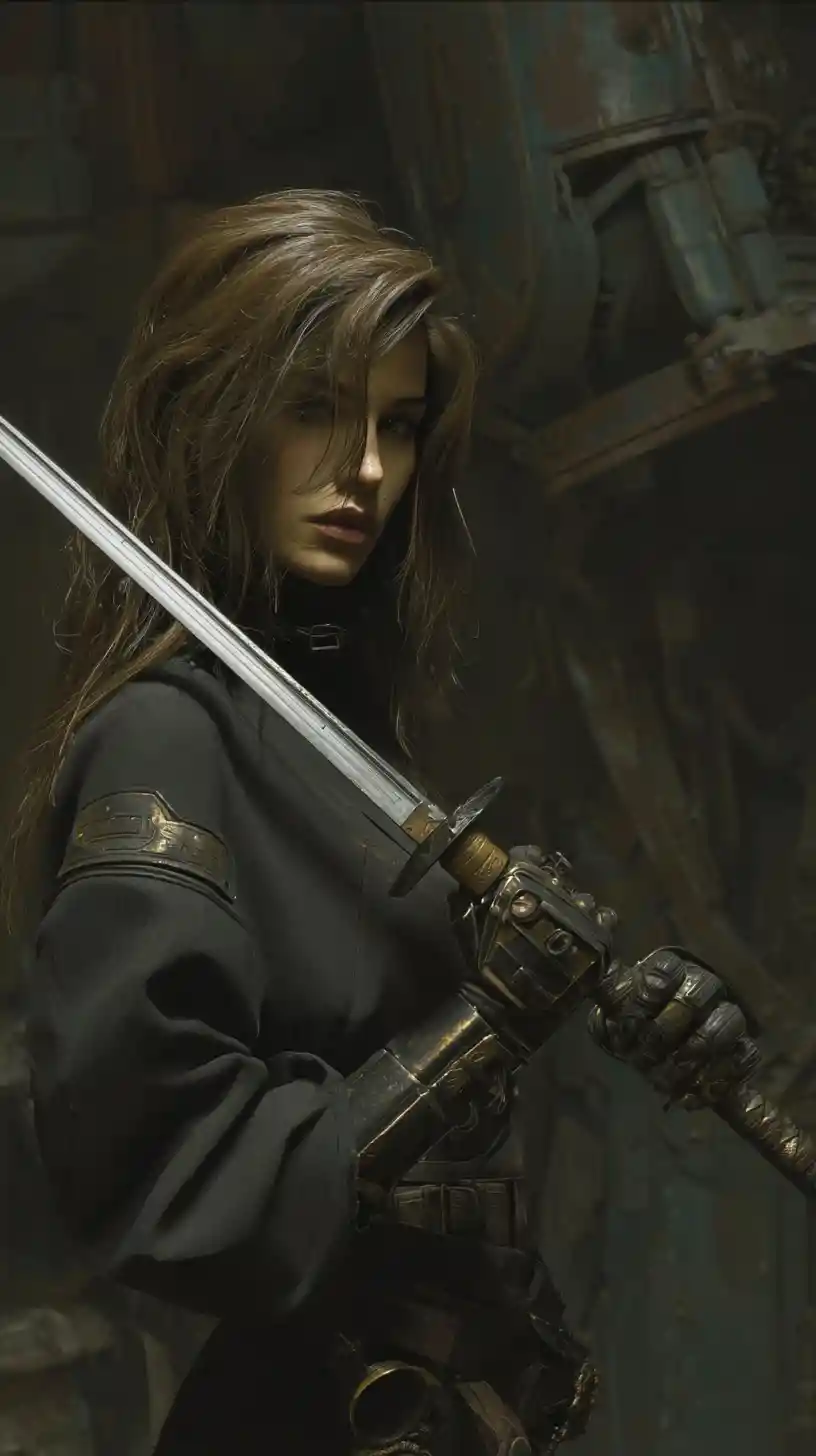 Woman holding a Japanese sword in dramatic cinematic lighting