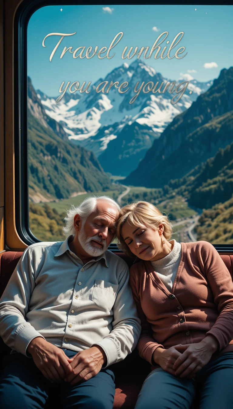 Elderly couple sleeping on Swiss Alps tourist train bench
