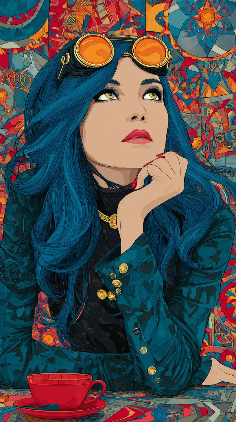 Blue haired masked woman in vibrant abstract portrait