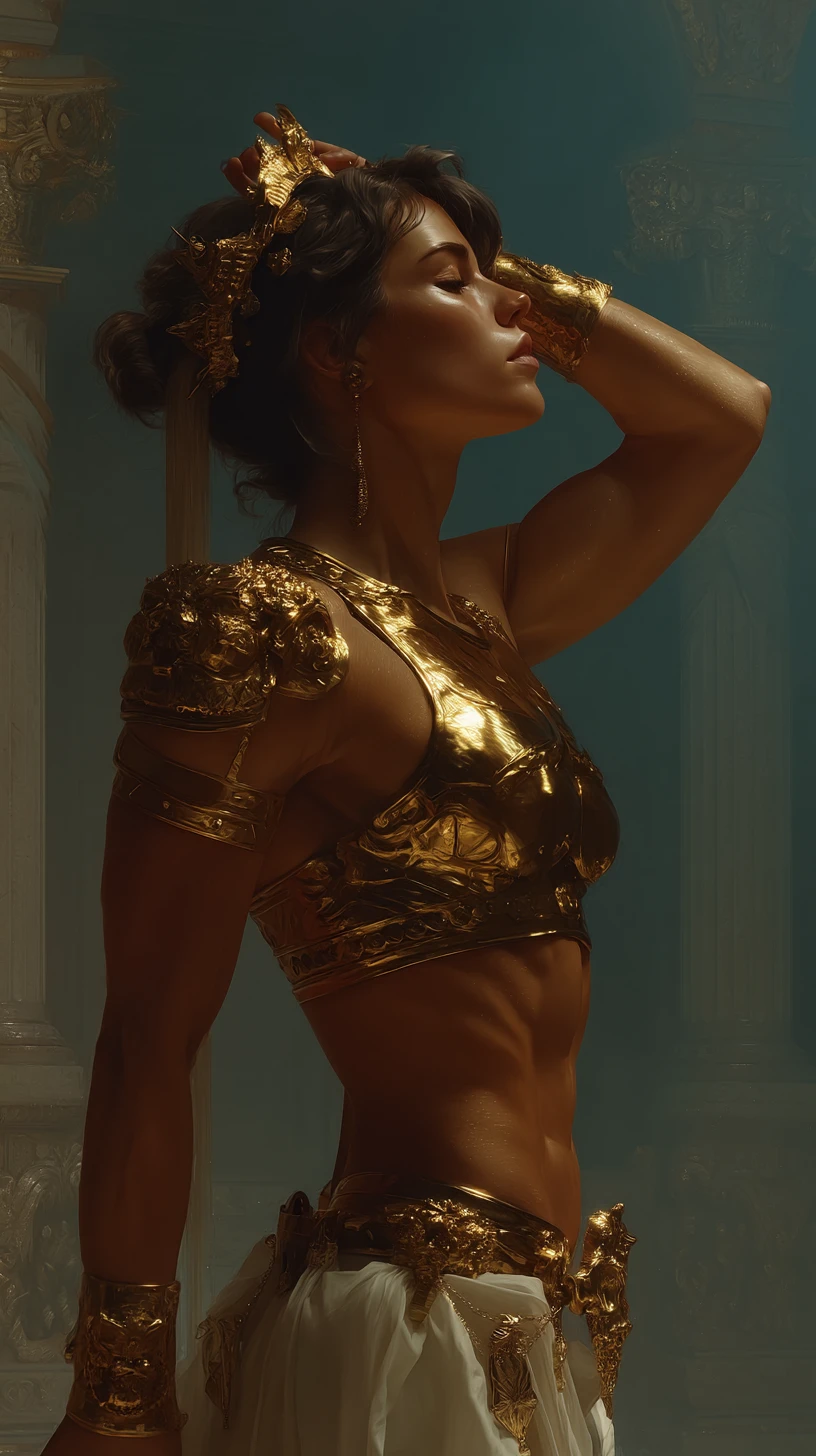 Hyper muscular warrior woman posing in a fantasy palace