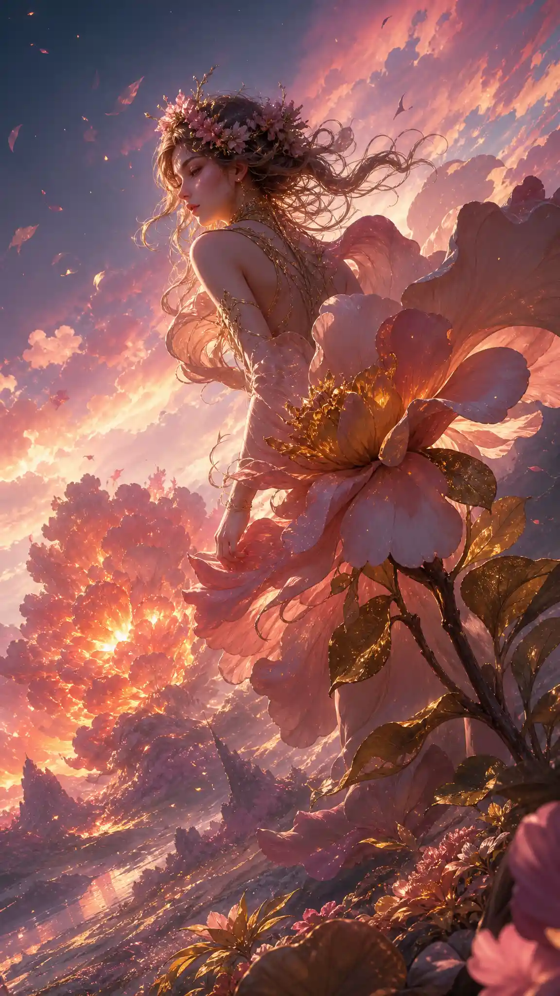 Golden flowers glowing softly in the sunset breeze