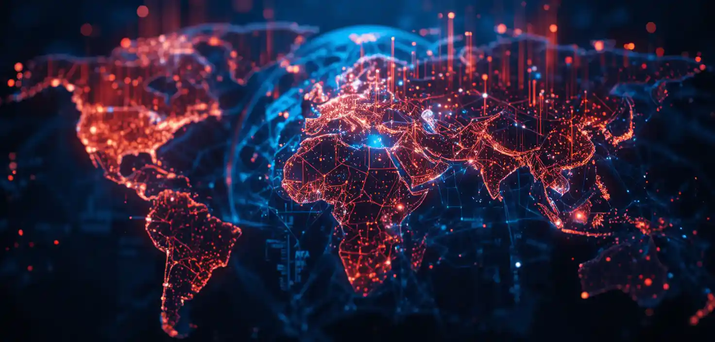 Global data network rising from a dark digital globe