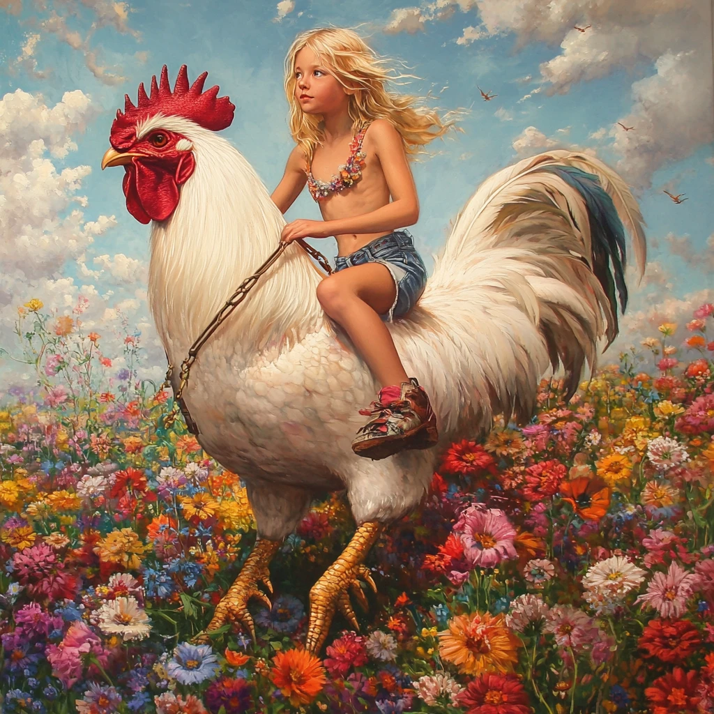 Young girl riding a giant white rooster through flowers
