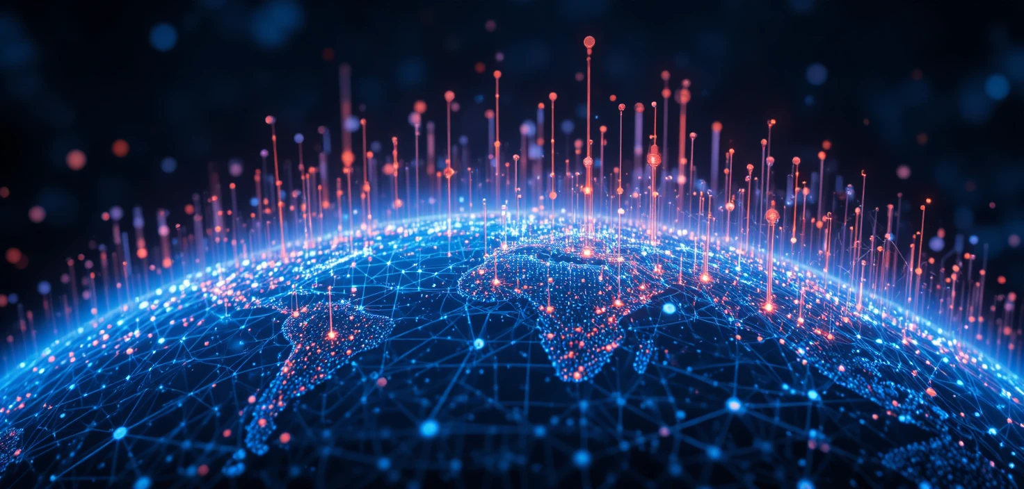 Global digital data network rising from a dark blue globe