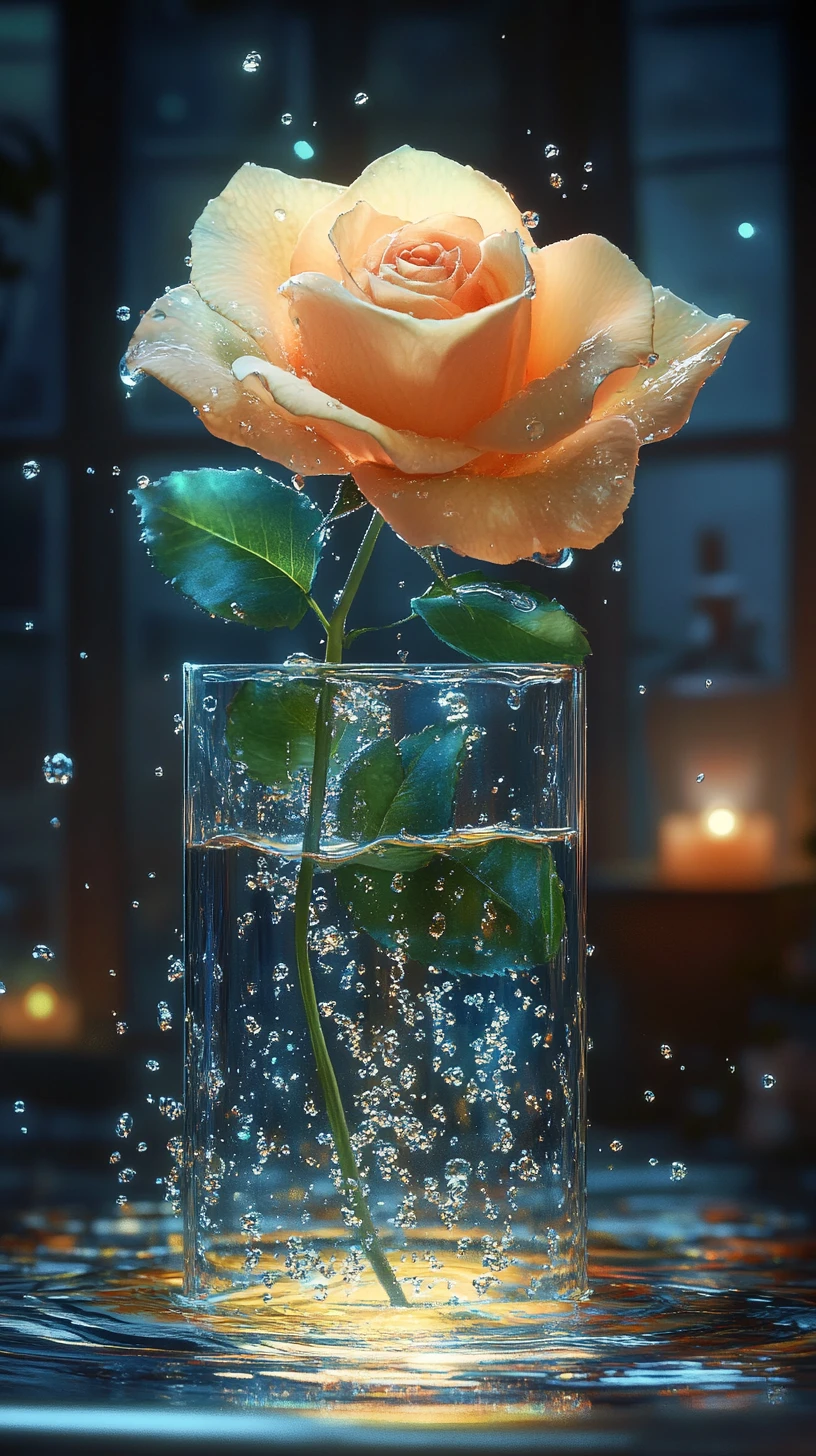 Yellow rose and water turtle in glass illustration