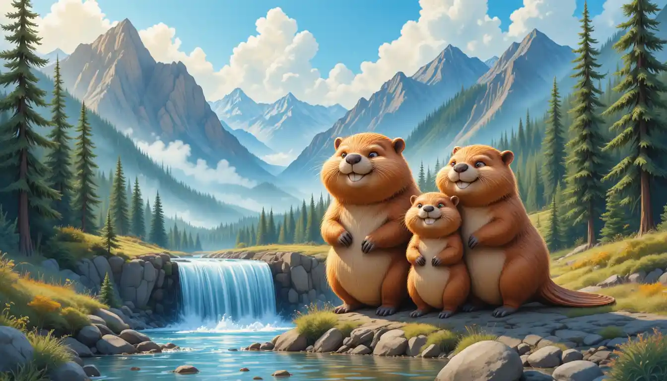 Joyful beaver family posing by their forest dam
