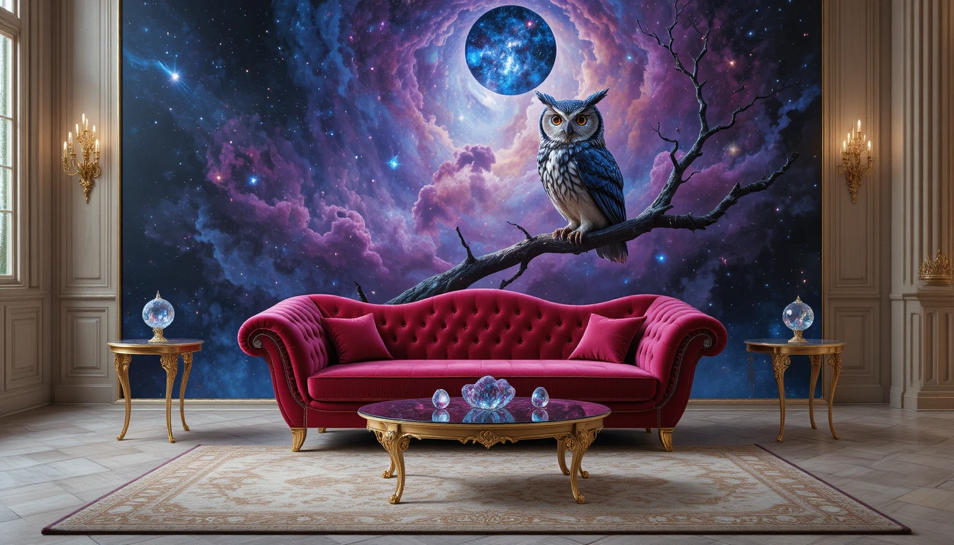 Galactic owl perched on glowing crystalline branch in nebula sky