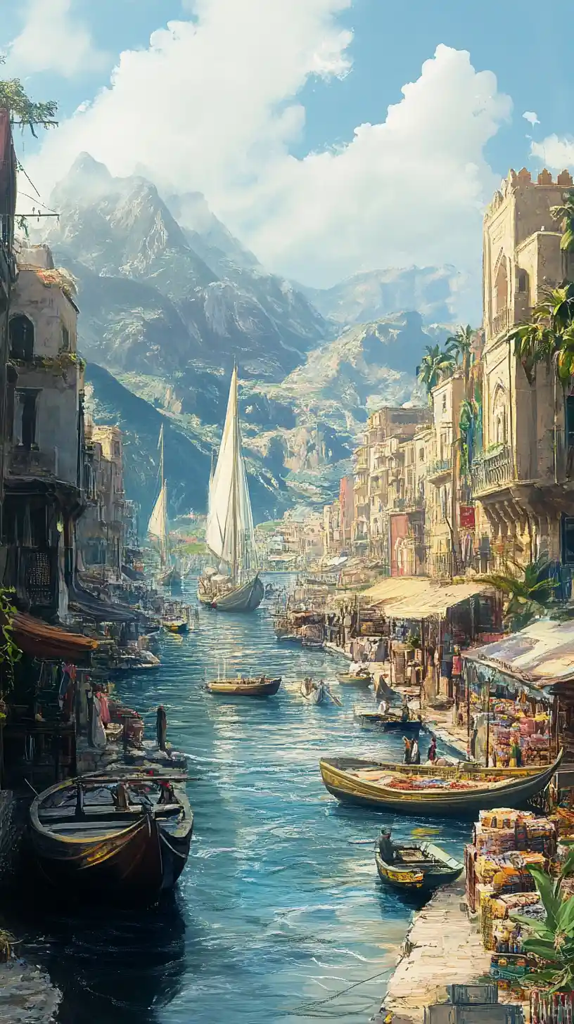 Anime view of an Arab city street with canal boats