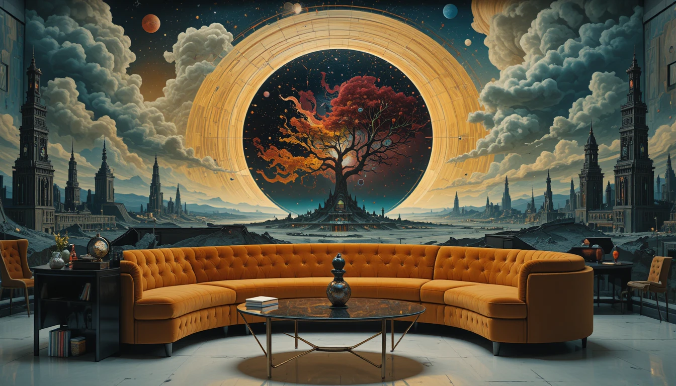 Surreal living room with velvet sofa and cosmic painting
