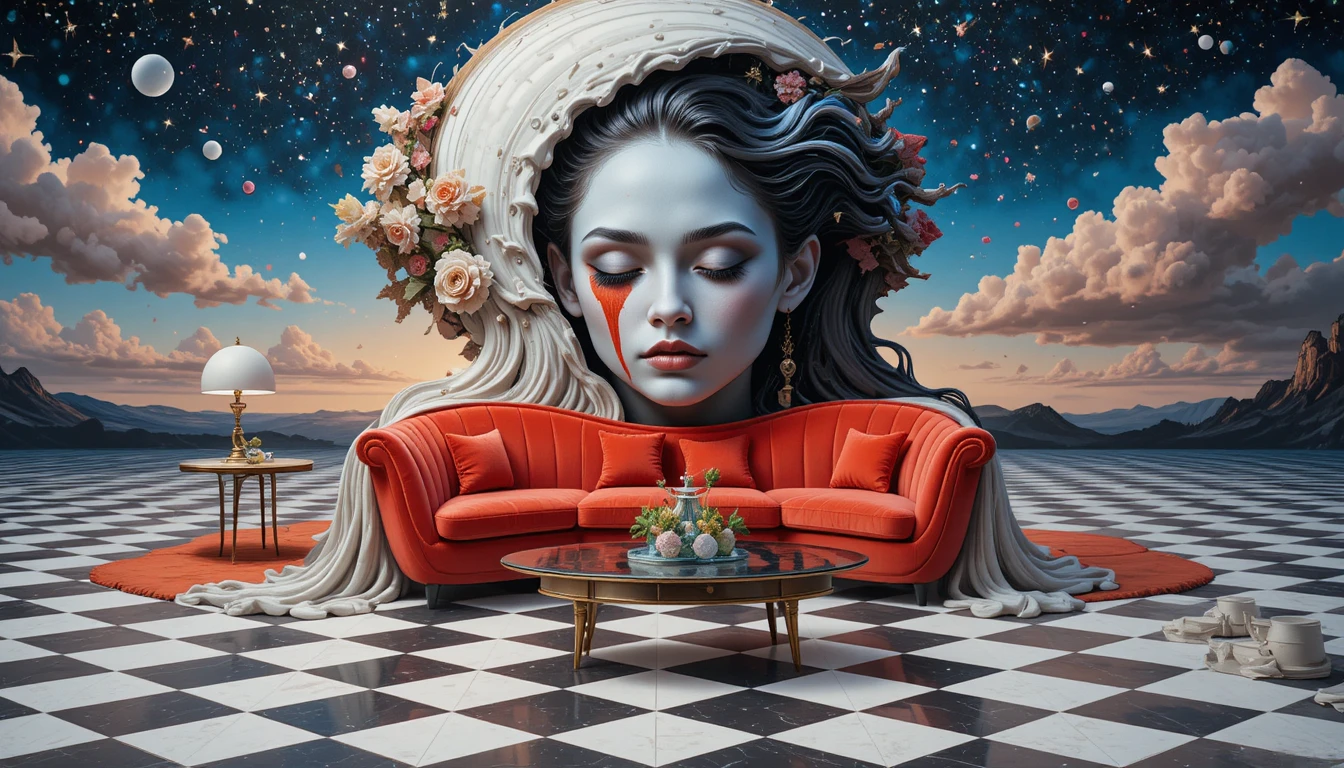 Surreal velvet couch before a cosmic starry sky painting