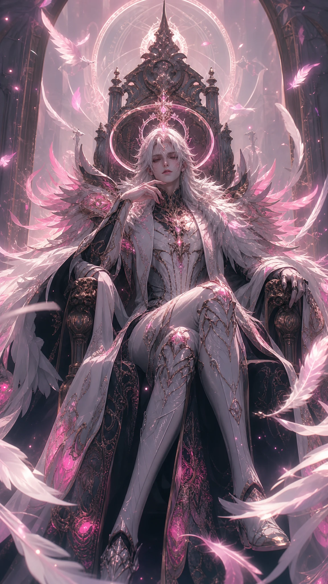 Otherworldly paladin with glowing feathered mantle on throne