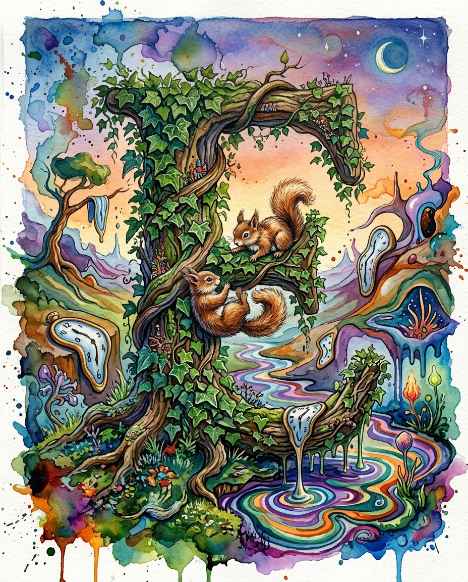 Surreal ivy letter E with fluffy squirrels entwined