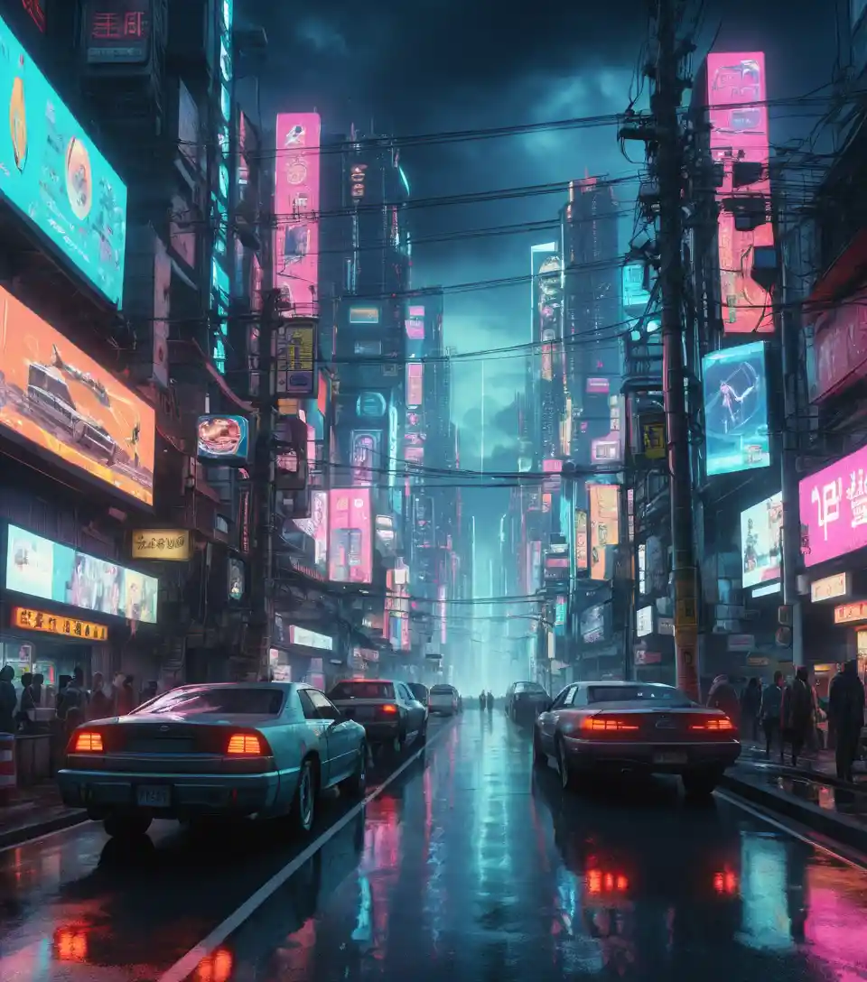 Close up of neon lit cyberpunk city street at night