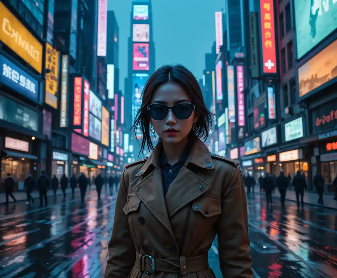 Female detective in neon futuristic city street at night