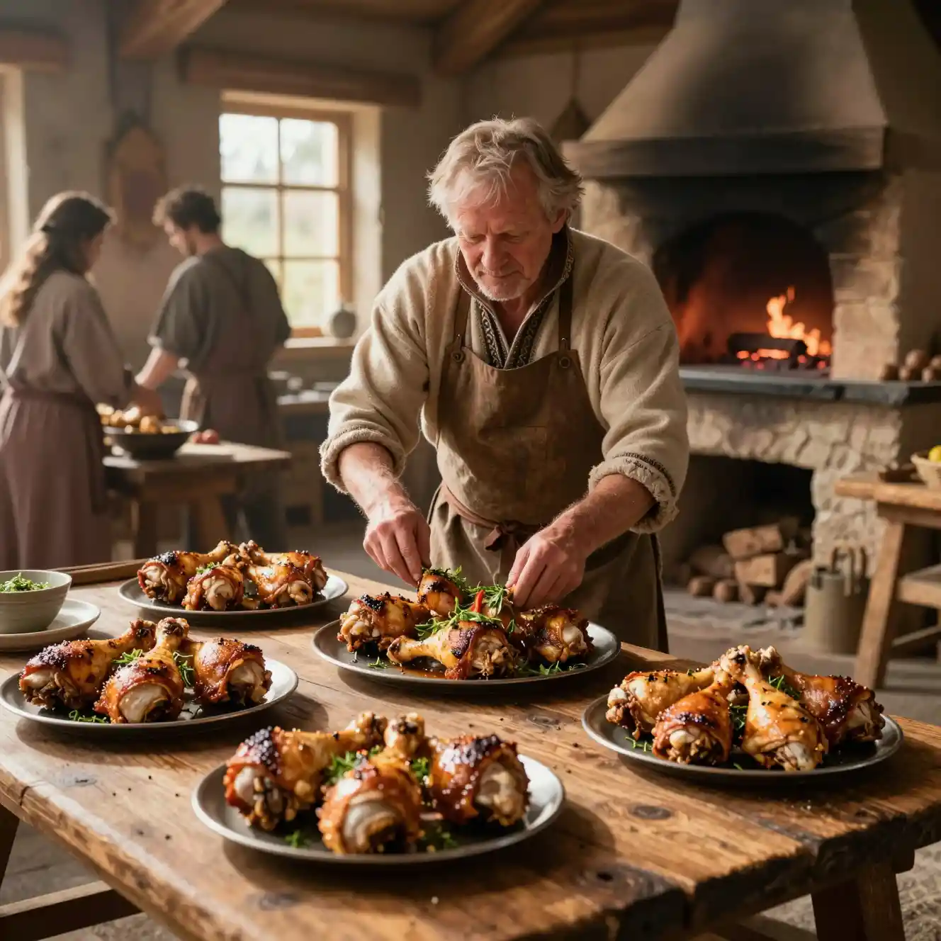 Elderly man serving roasted chicken in a sunlit kitchen