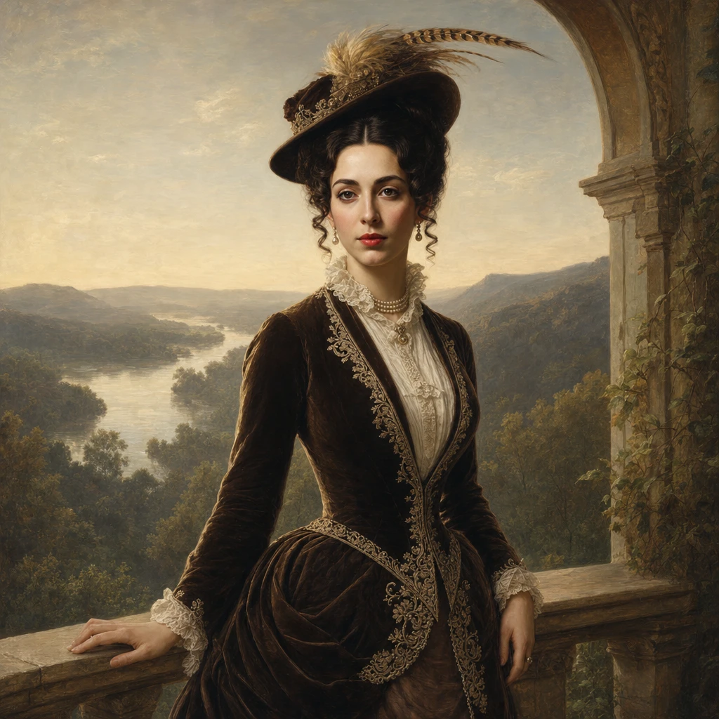 Victorian lady on a marble balcony at sunrise