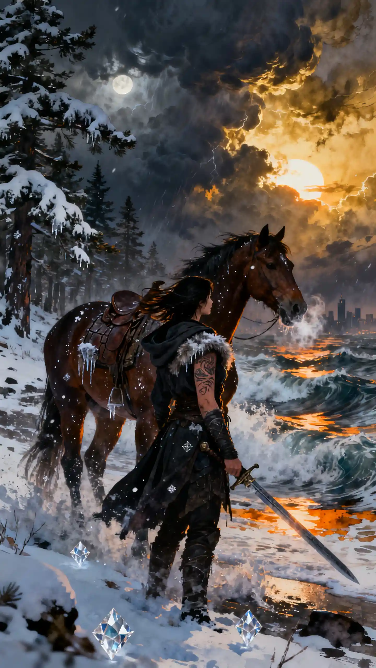 Warrior woman and horse on a stormy twilight shore