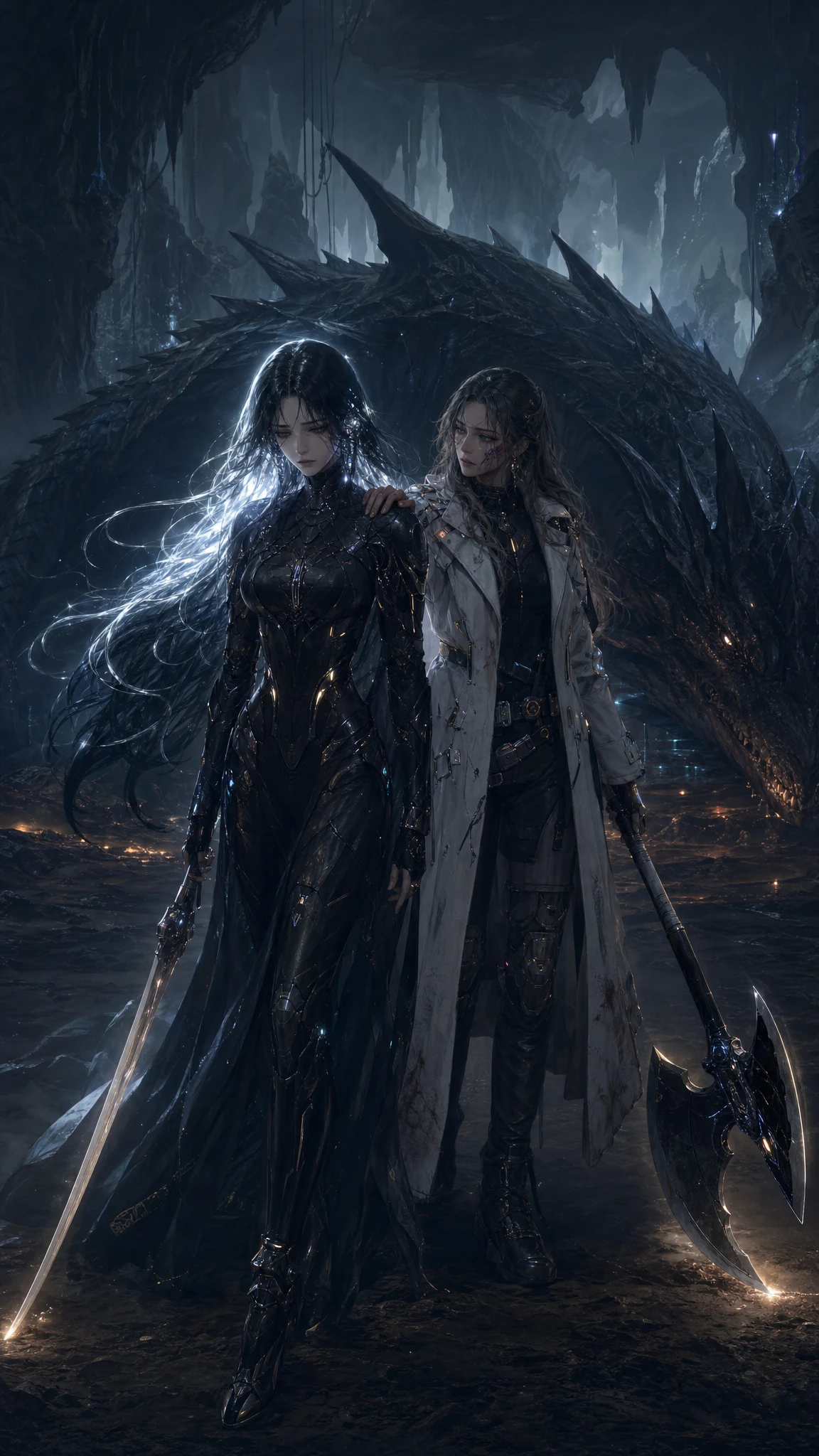 Sorrowful warrior woman in black cyber armor walking forward