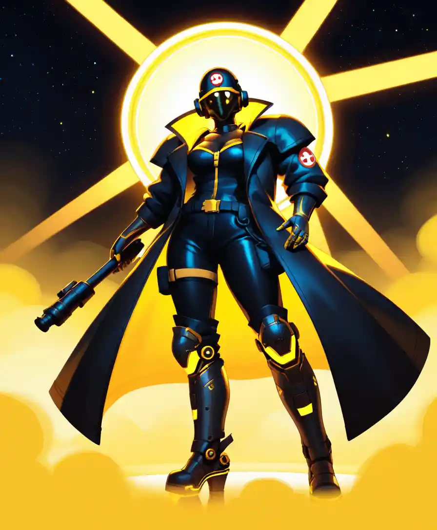 Cybernetic sci fi medic in black armored trench coat
