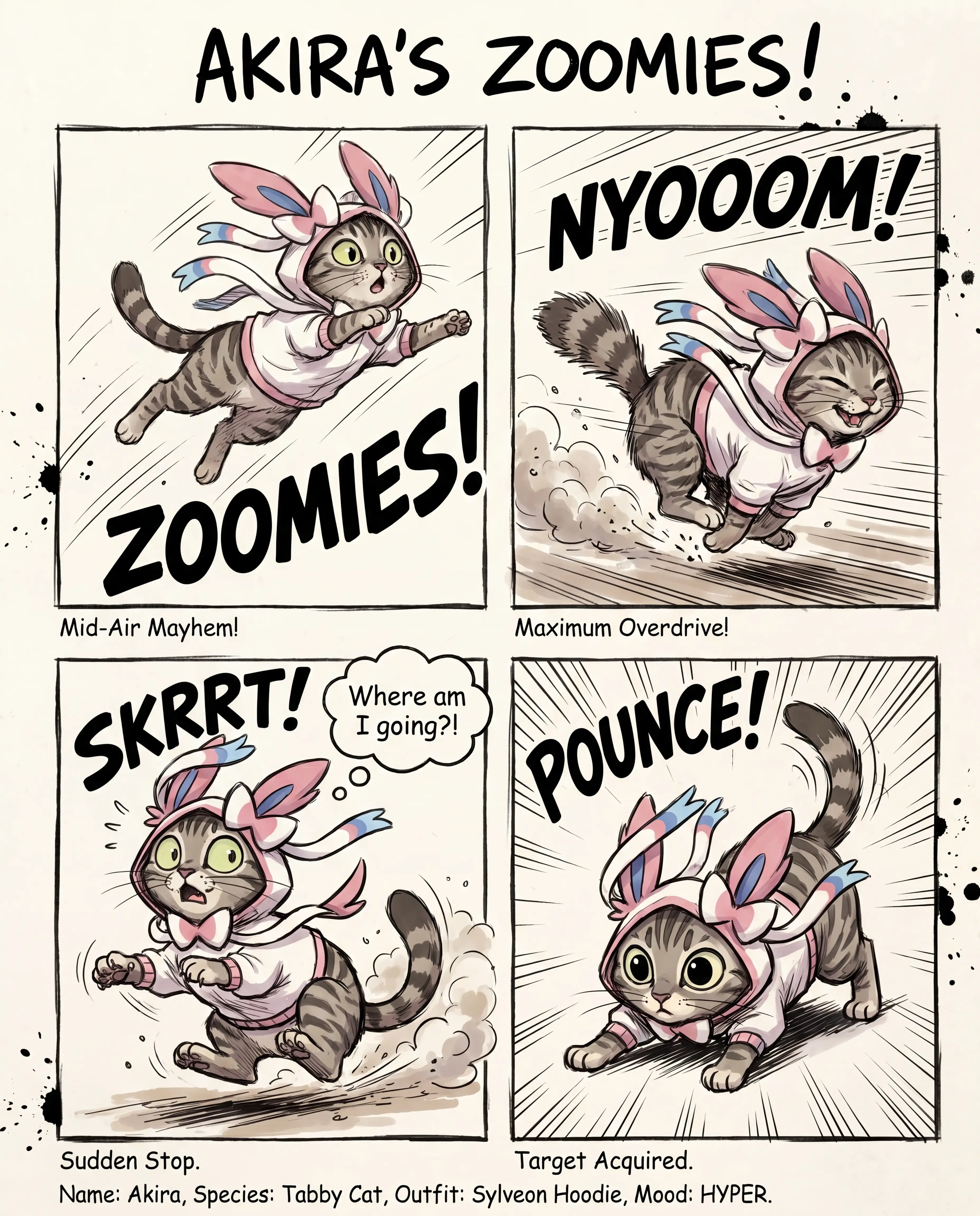 Hyperactive cartoon cat zoomies in sketchbook comic style