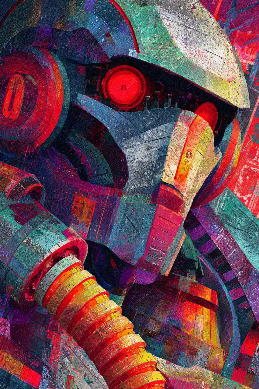 Robot da guerra con braccia d'acciaio e occhi rossi luminosi