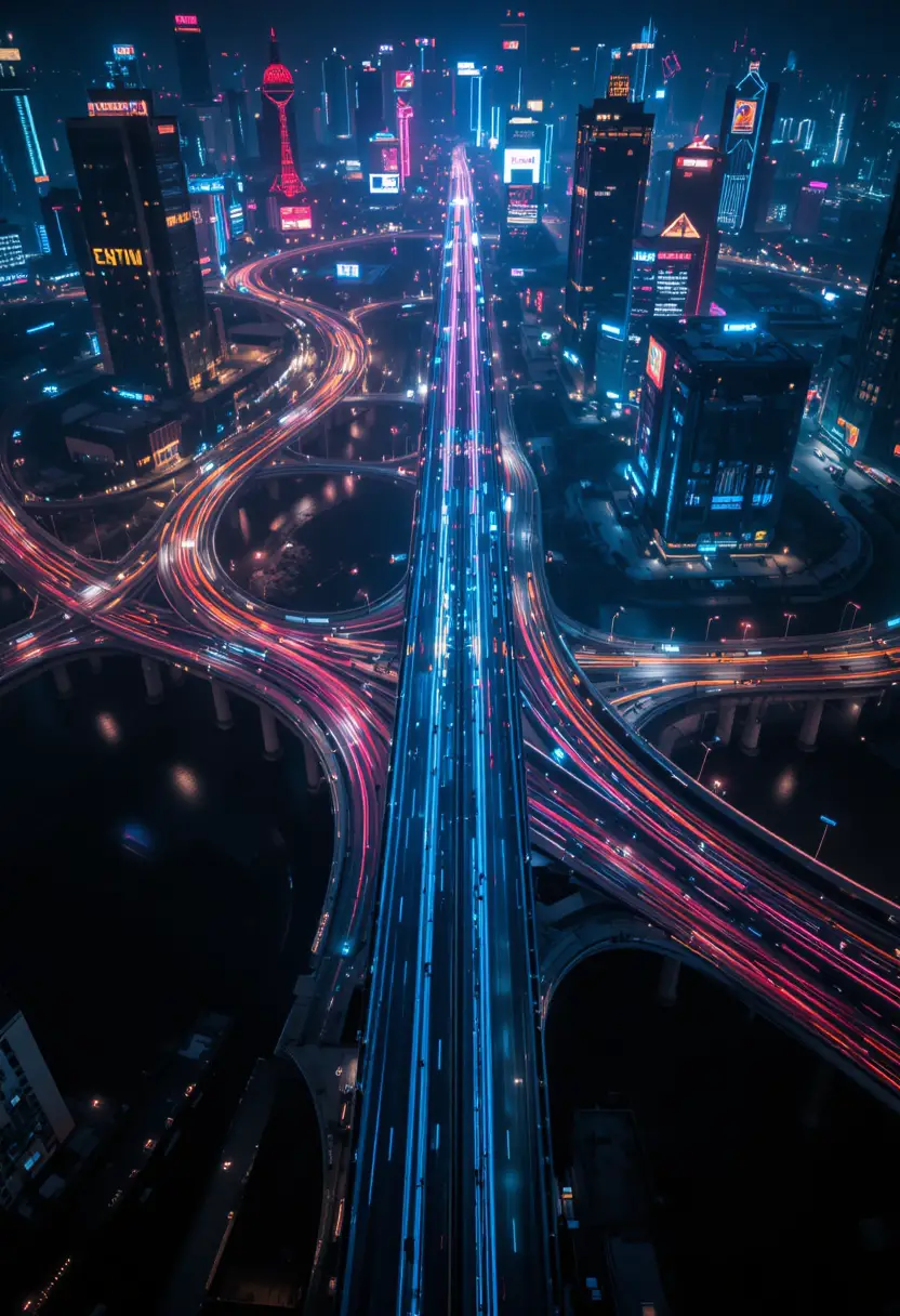 Vista aérea del intercambio de autopistas de Shanghái con estelas de luz de neón