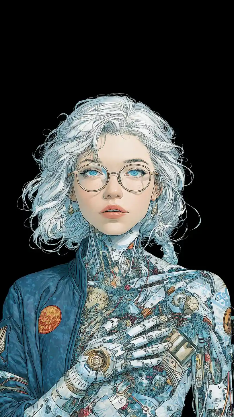 Cyborg woman with white hair in futuristic mechanical body
