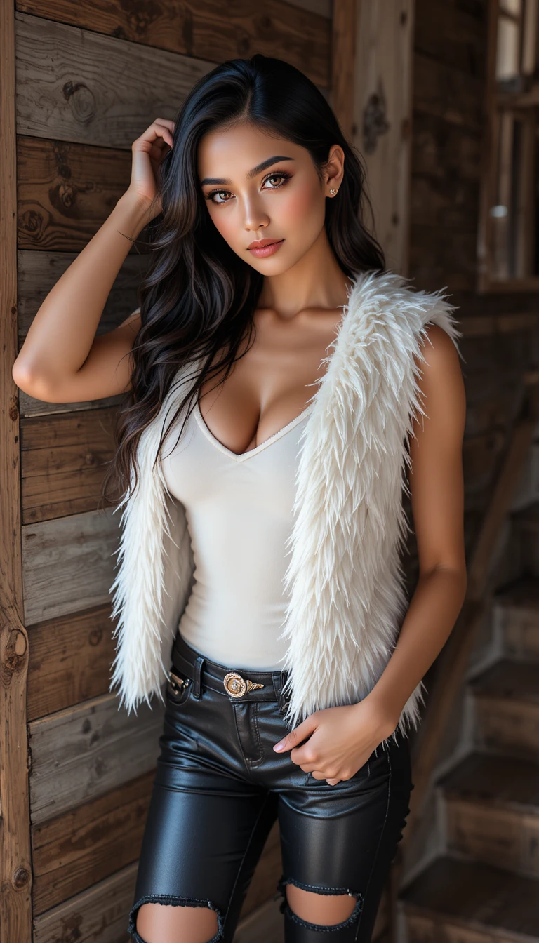 Stylish woman posing by rustic wooden wall