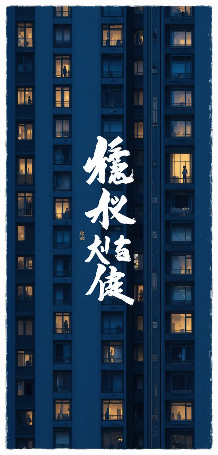 Wohnhausfassade in der Nacht mit einem leuchtenden Fenster