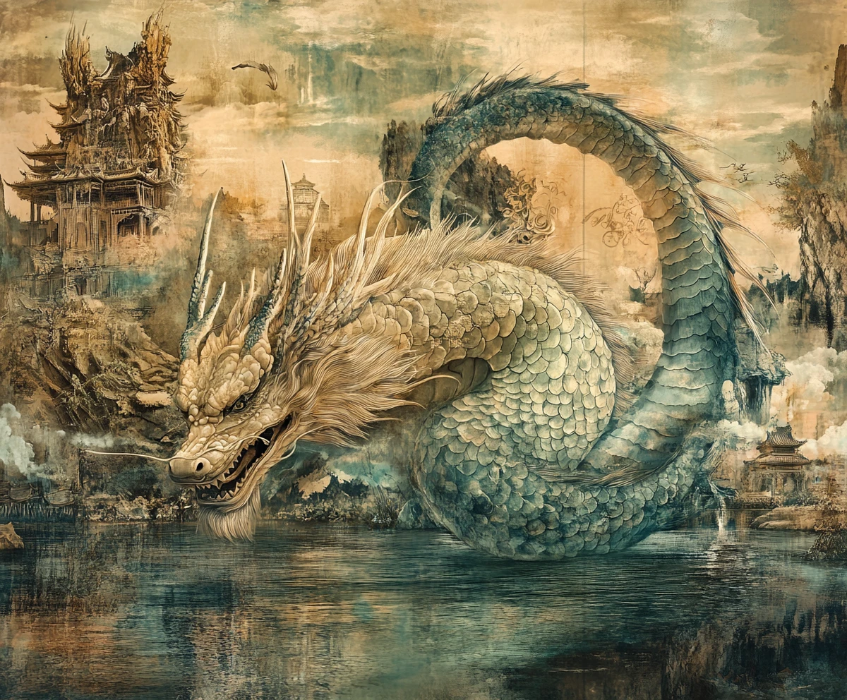 Ilusión de dragón surrealista en una extraña escena por capas