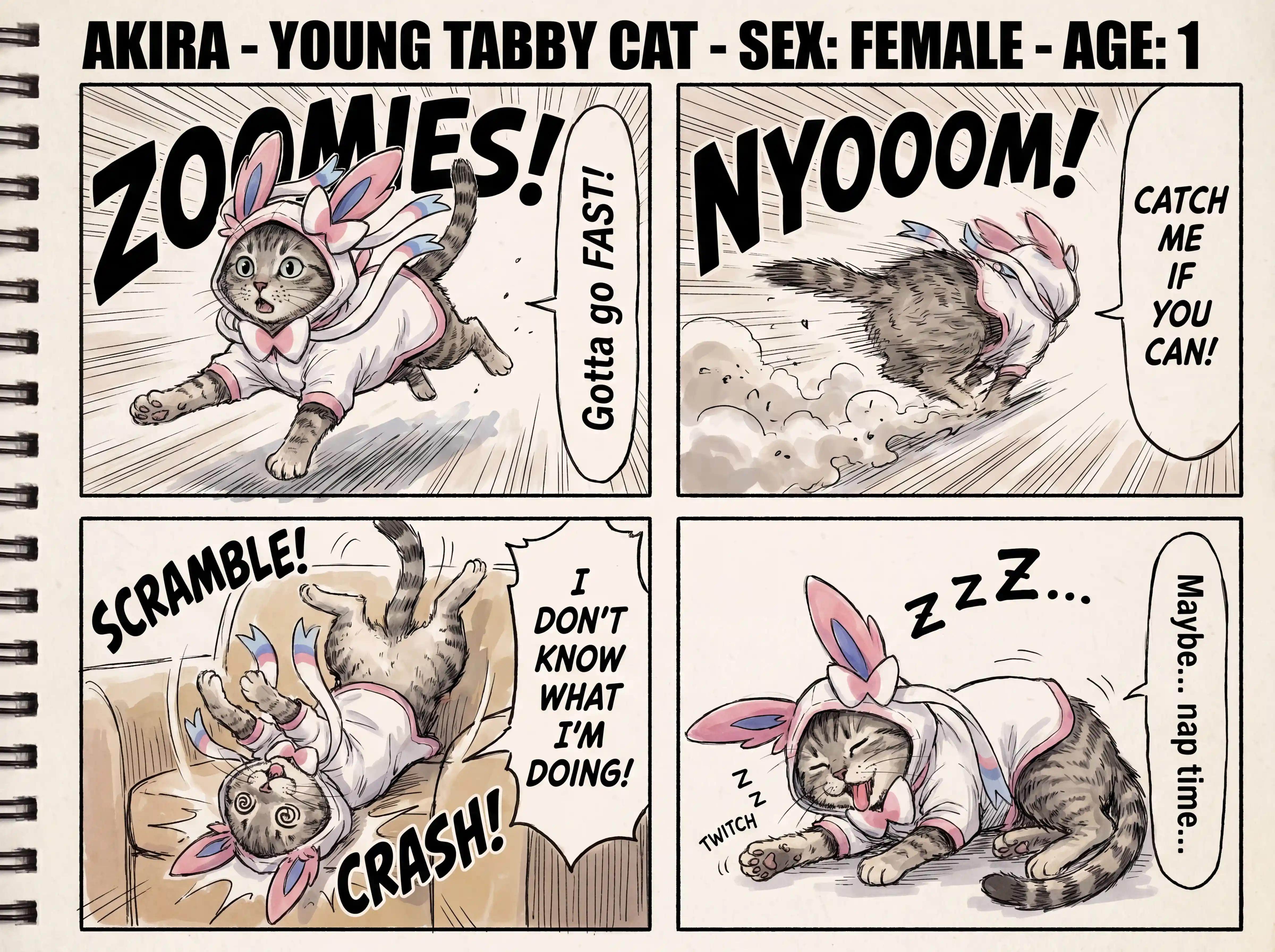 Hyperactive cartoon cat poses in manga sketchbook style