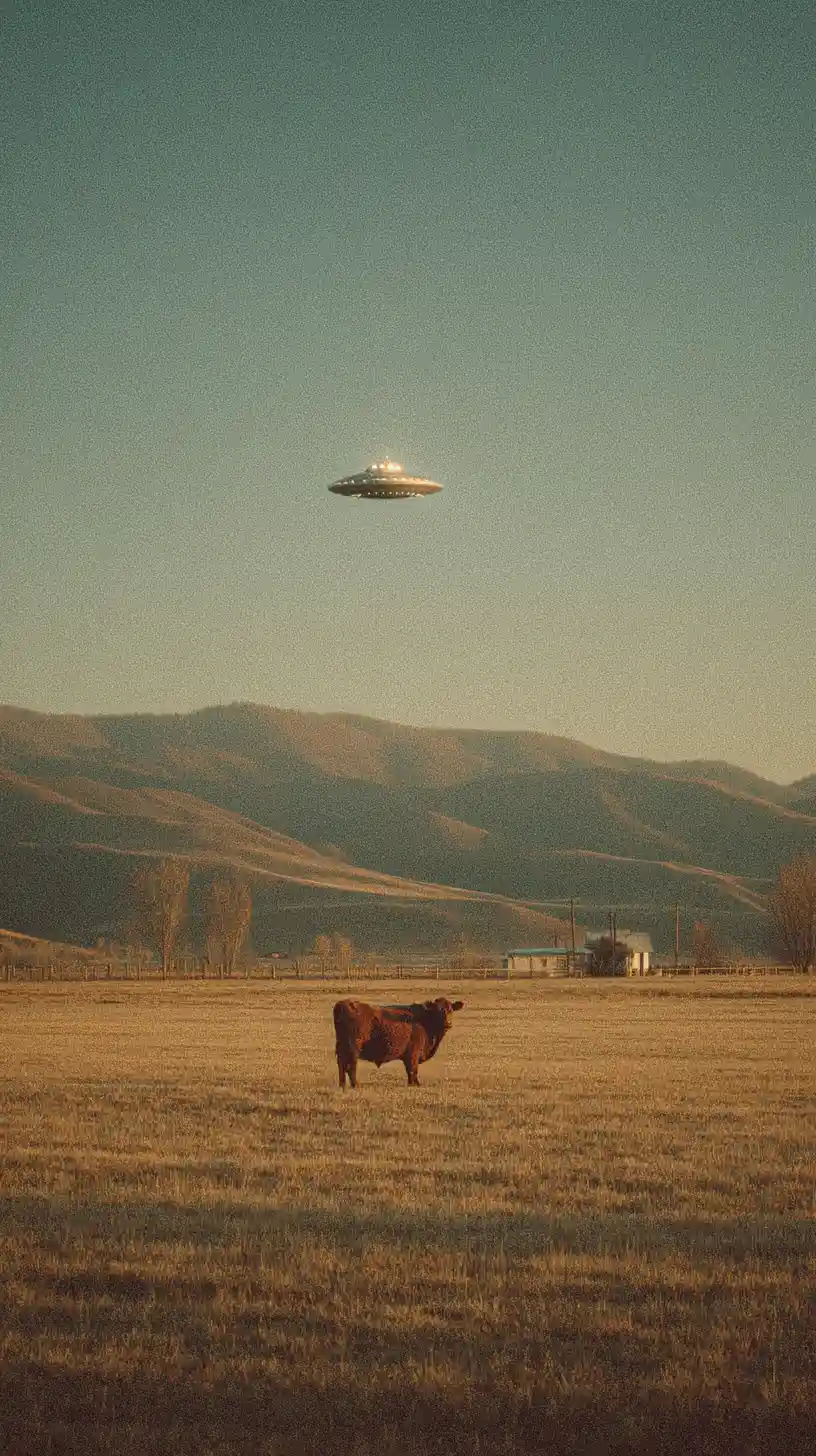 Vintage film style dusk landscape with ufo and cow