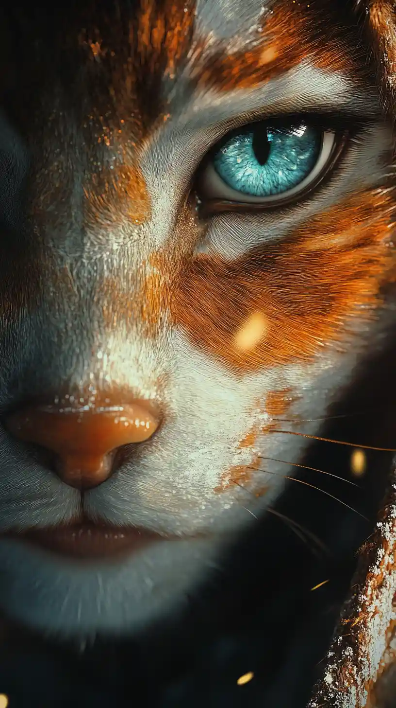 Mystical anime feline guardian in a shadowed hooded portrait