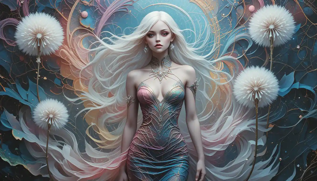 Surreal albino woman in formfitting dress with dandelion