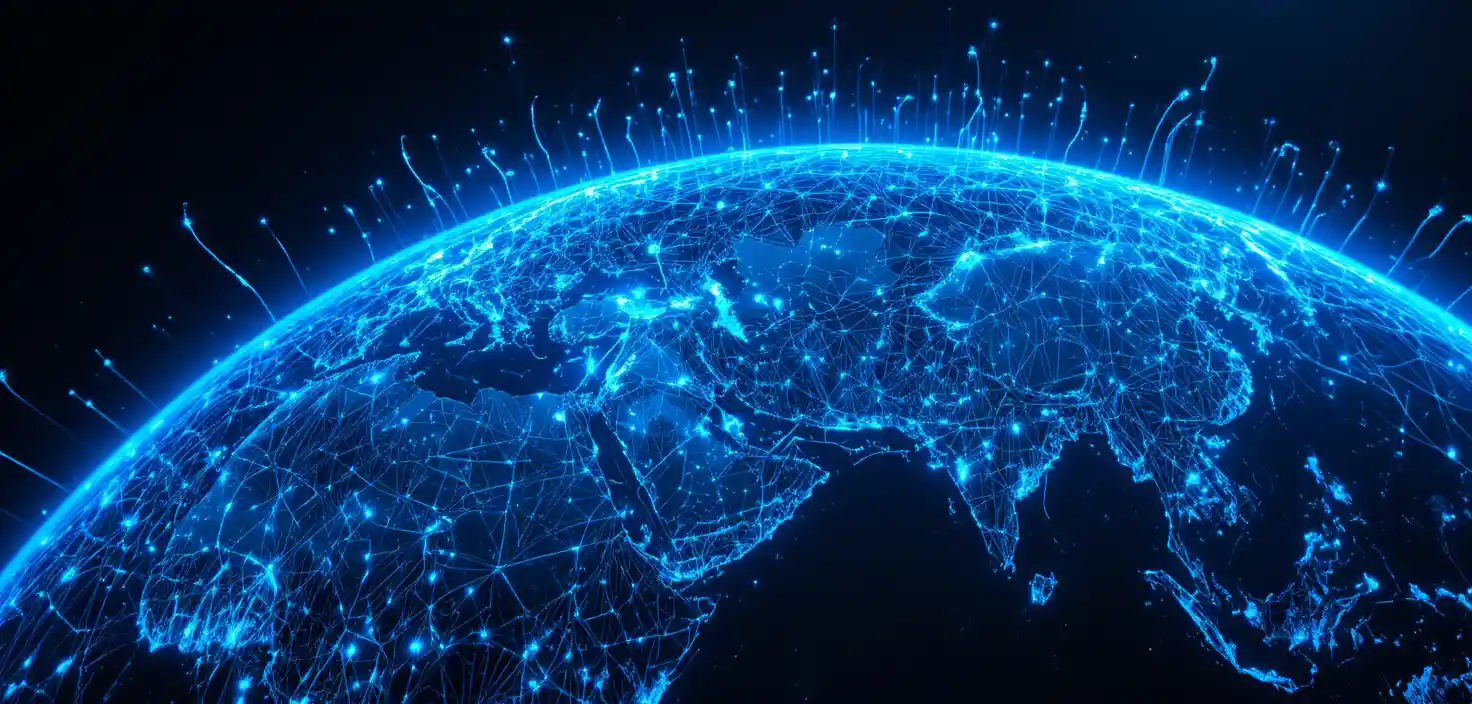 Panoramic 3D Earth With Neon Data Network Over Continents
