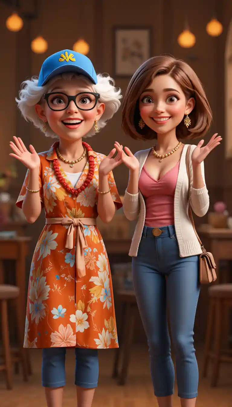 Two joyful women clapping in a 3D animated scene