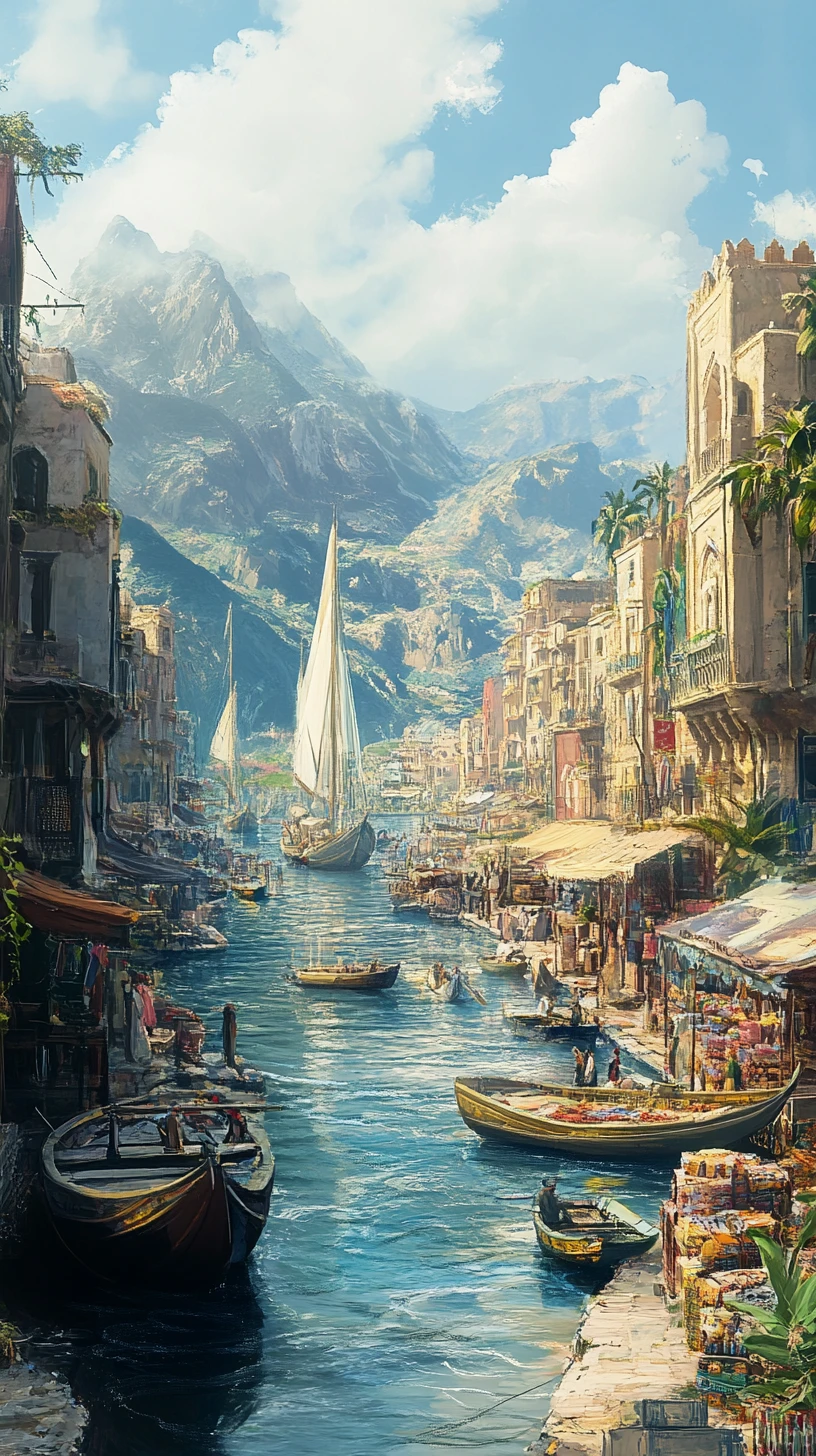 Anime view of an Arab city street with canal boats