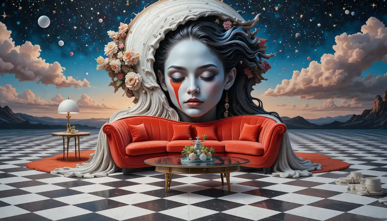 Surreal velvet couch before a cosmic starry sky painting