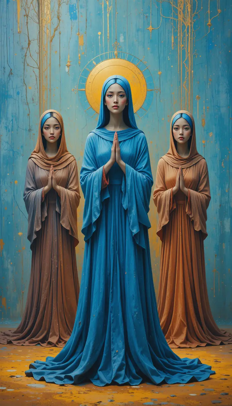 Blue robed figure in abstract devotional blue painting