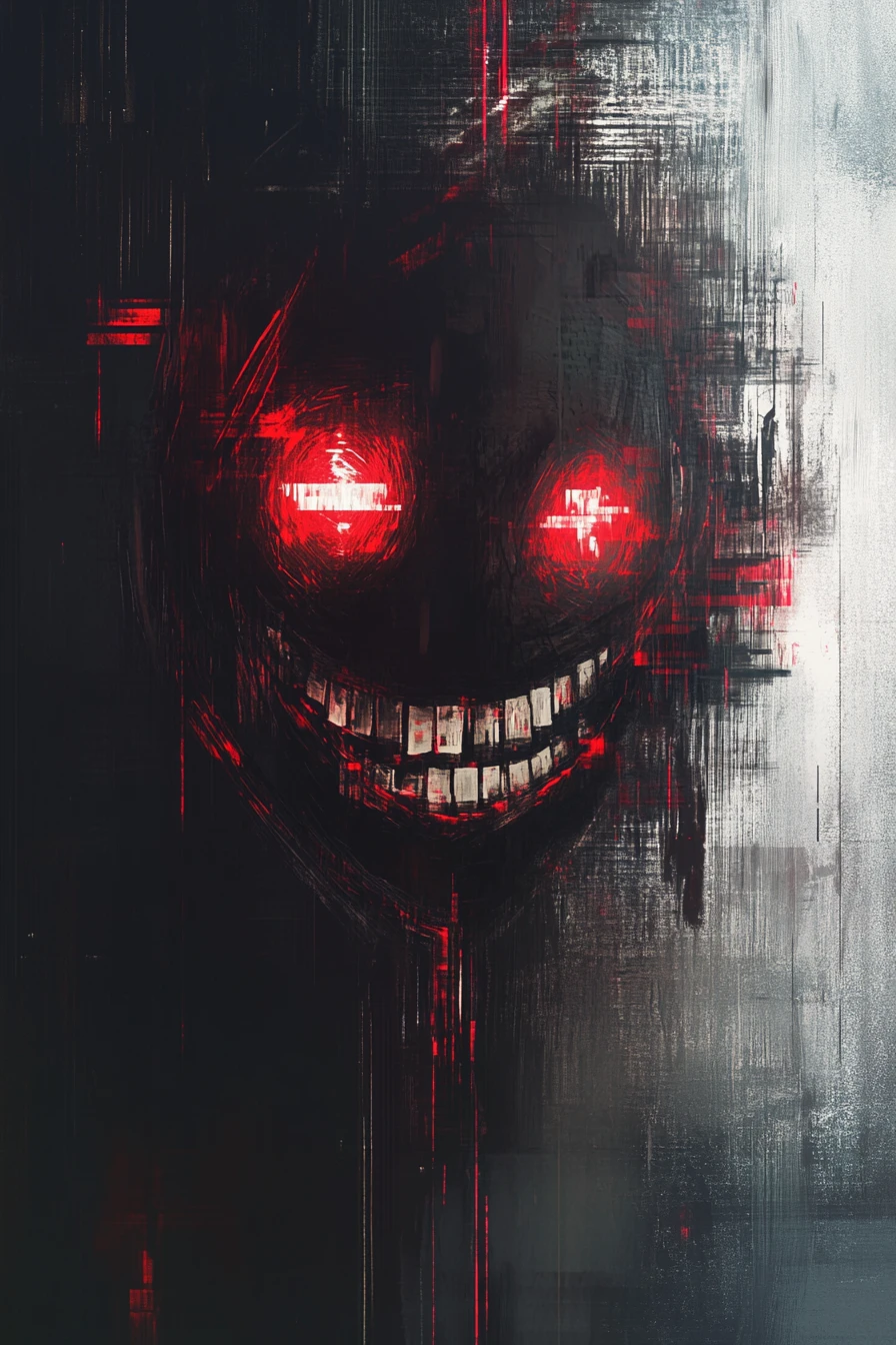 Smiling face with broken eyes in digital static