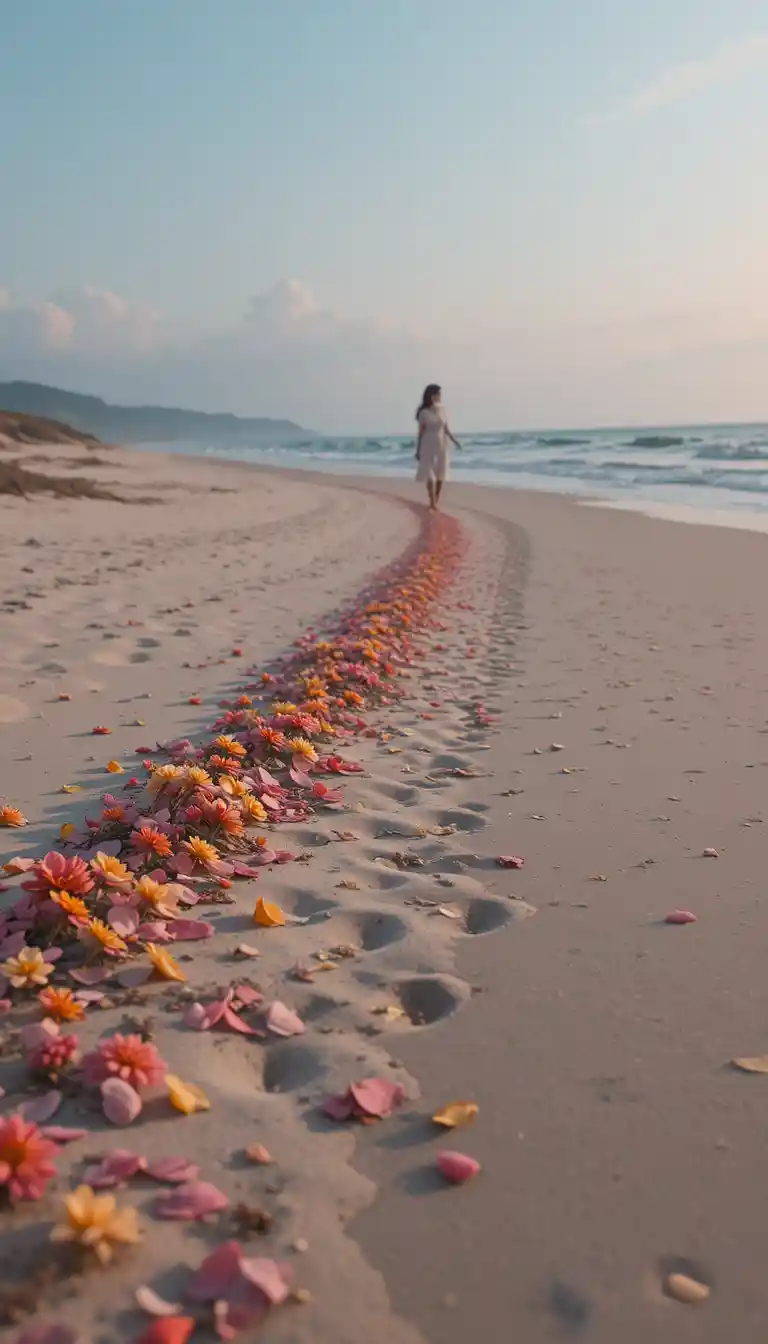 Woman walking on ethereal beach with scattered flower petals
