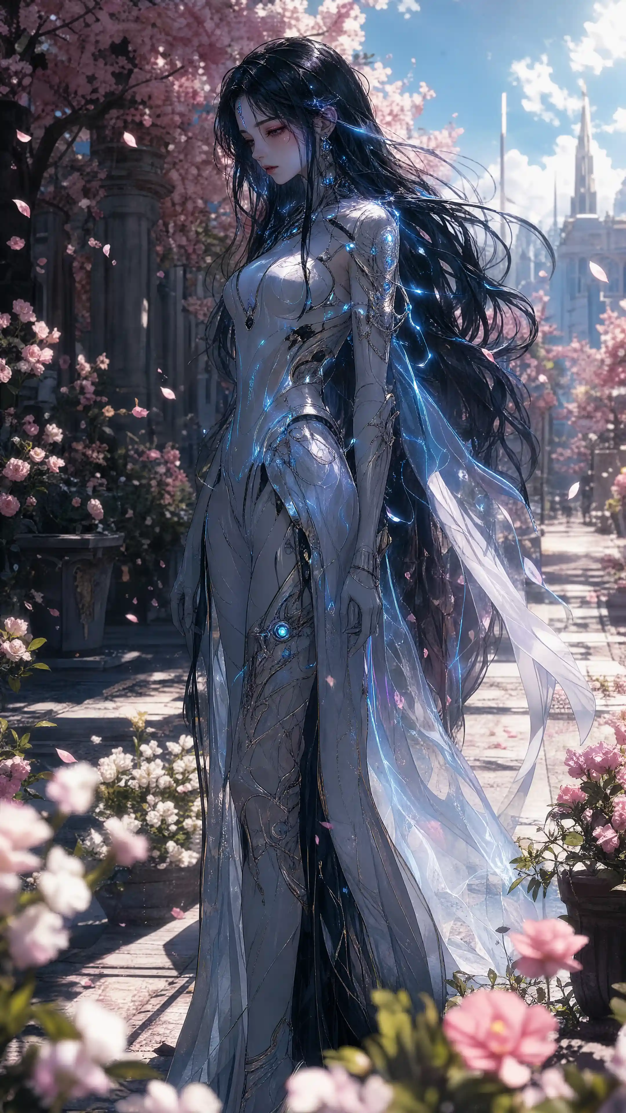 Melancholic armored woman glowing softly in bright sunlight