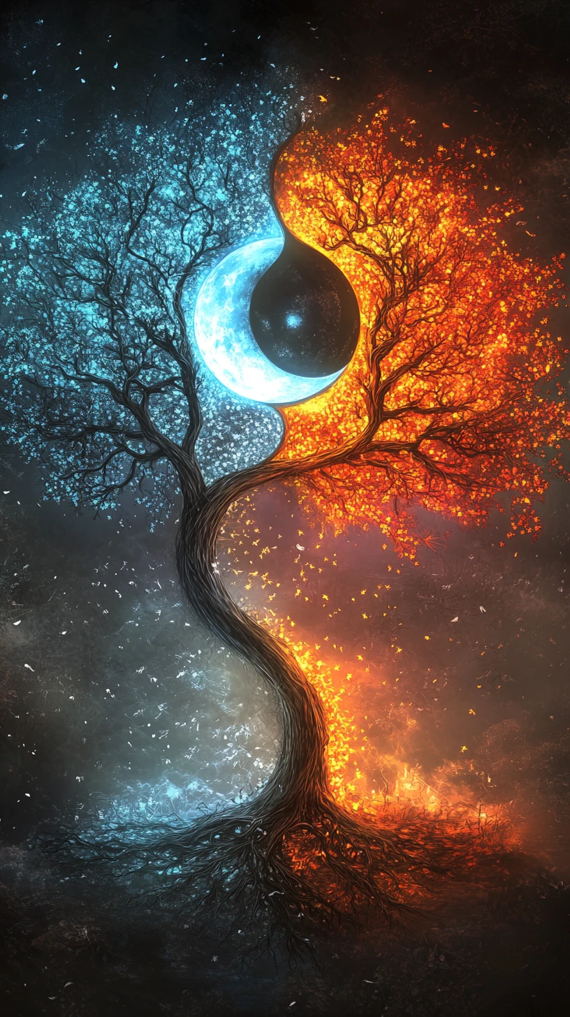 Glowing Yin Yang With Intertwined Dark And Light Trees