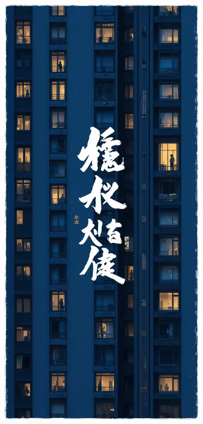 Night city apartment facade with one glowing window
