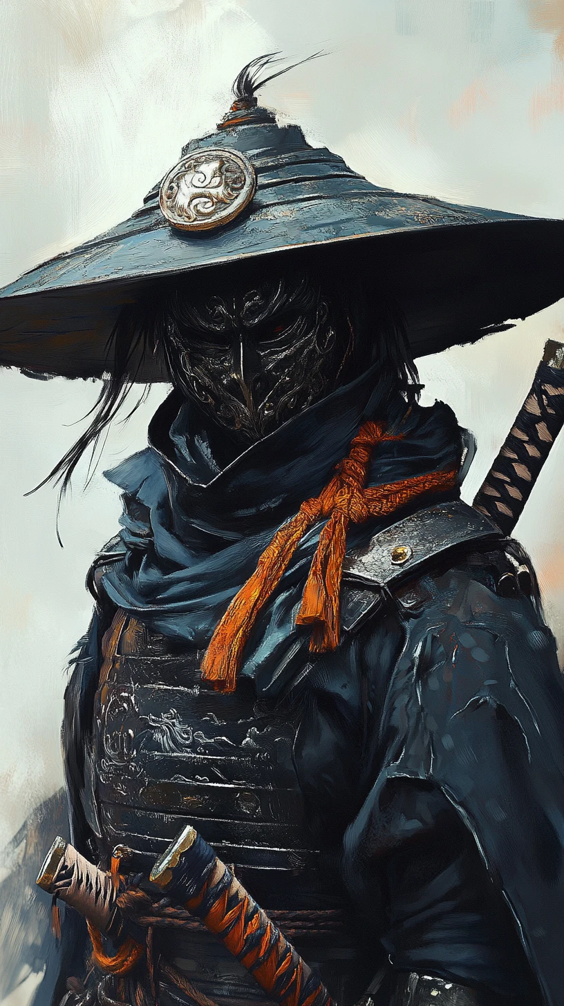 Retrato de guerrero acorazado con máscara oni ornamentada y sombrero