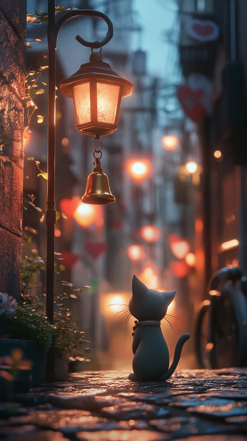 Anime cat statue with bell in a romantic city dusk