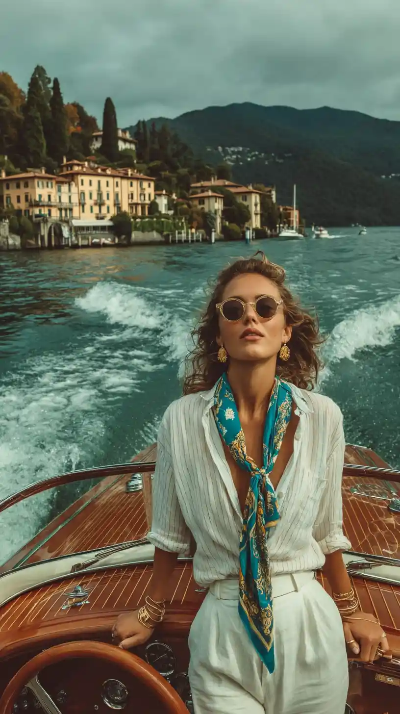 Elegant woman piloting a vintage wooden speedboat on Lake Como