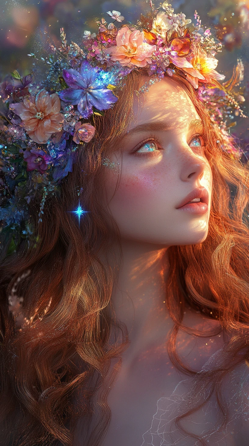 Ethereal woman with crystal floral crown in glowing garden