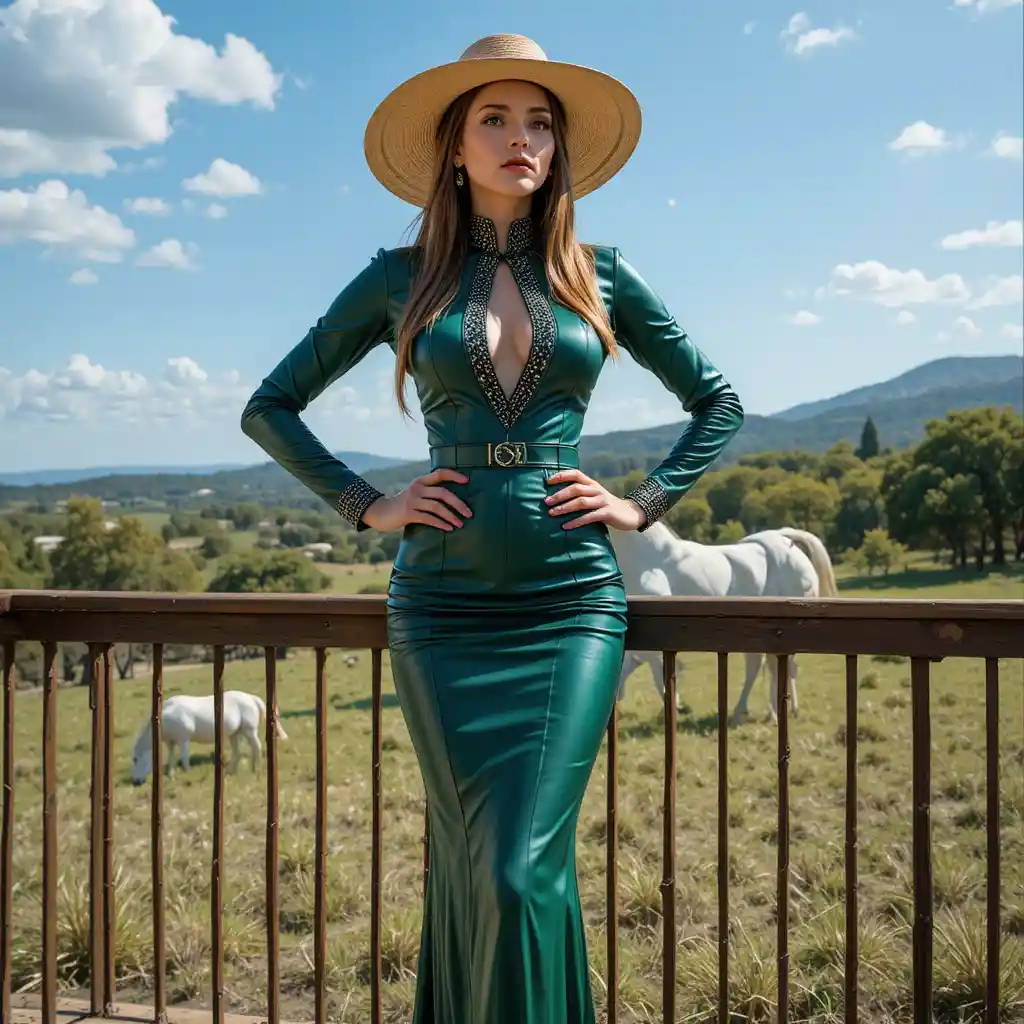 Frau im grünen Kleid auf einem Balkon über friedlicher Landschaft