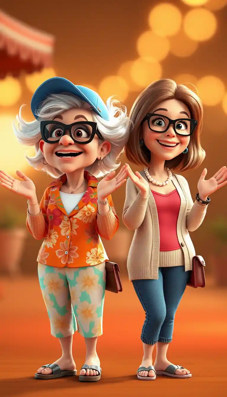 Two joyful women clapping in a warm 3D scene